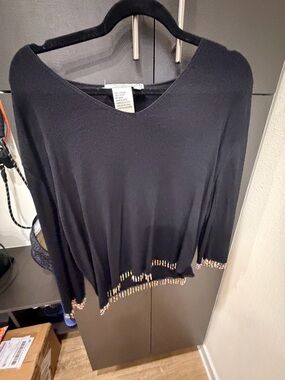 Joseph A Black Scoop Neck Sweater with Multicolor Beaded Hem